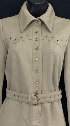 Vintage 1970s drab green mini dress long sleeve taupe neutral rivets fall winter - Picture 2 of 7