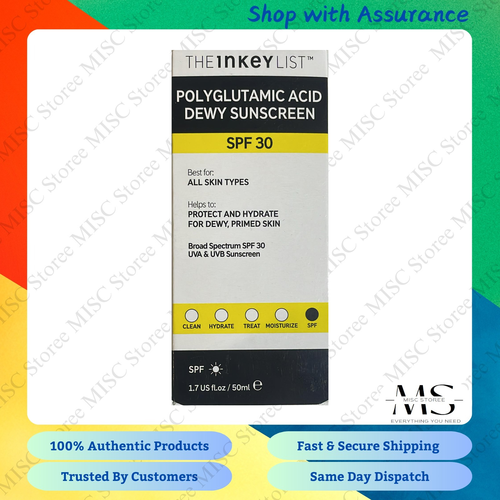 The Inkey List Polyglutamic Acid Dewy Sunscreen SPF30 50ml - Brand New