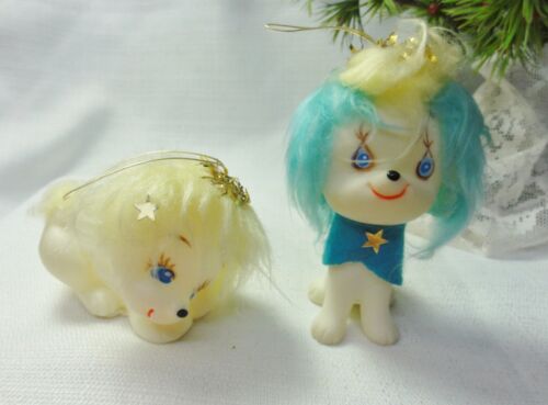 Vintage Japan Rubber Dogs Faux Fur Christmas Ornaments Anthropomorphic