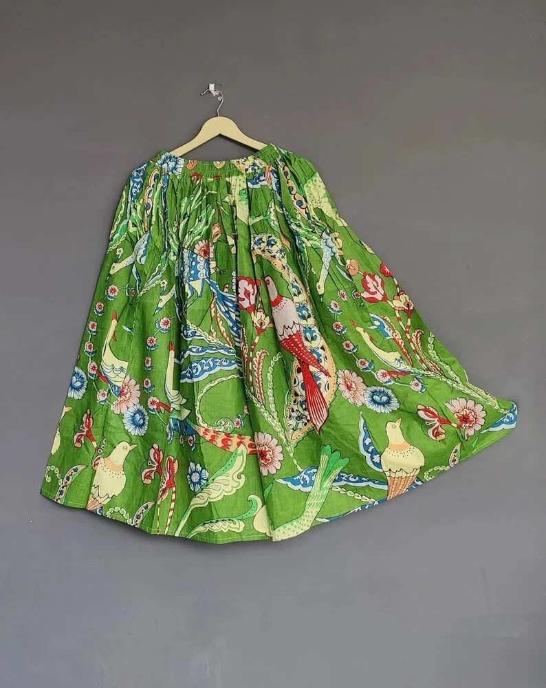 Indian Dark Green Bird Skirt Cotton Skirt, Long Skirt, Free Size Beach Wear AU