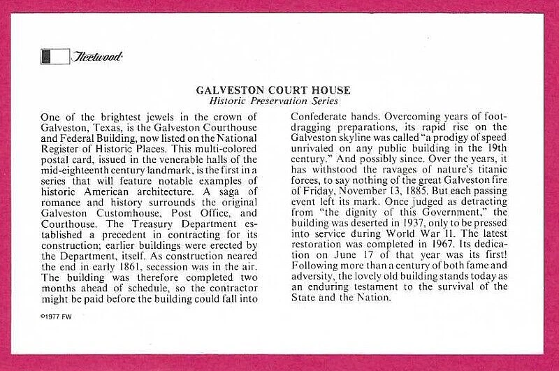 USA 1977 Fleetwood FDC - Historic Preservation Card GALVESTON COURT HOUSE - Fdi - Image 2 of 2