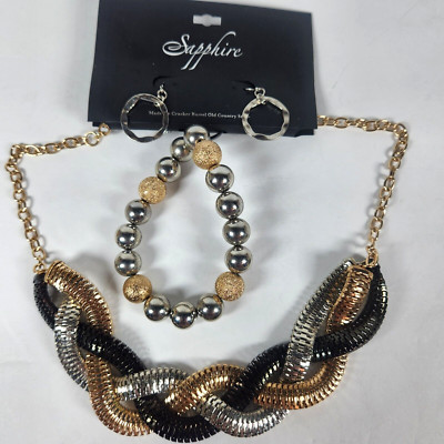 Sapphire Cracker Barrel Tri Color Chocker Necklace Bead Bracelet Earring Set 3