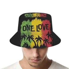 Fisherman Bucket Hat One Love Rasta Weed Cap Fishing Outdoor Cotton