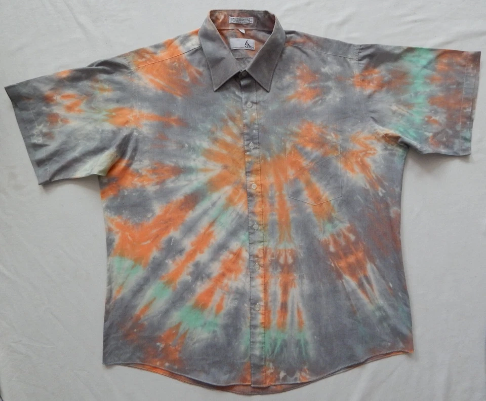 Tie Dye Black Orange Blue Short Sleeve Button Down Shirt - XL Mens Hand Made 17 - Image 2 of 4