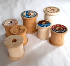 Lot of 7 VTG Wooden Thread Spools Coats & Clark Fruit Loom Sewing Collectibles
