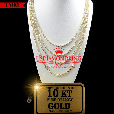 10K AUTHENTIC YELLOW GOLD DIAMOND CUT HALLOW ROPE CHAIN NECKLACE 2.5MM 18''~30''