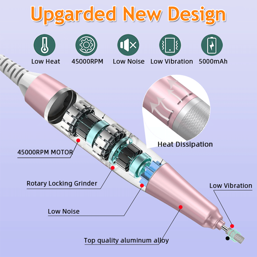 Kit Di Lime Per Trapano Elettrico Per Unghie, 45000 RPM Elettrico Nail Drill Macchina Ricaricabile Portatile Gel Acrilico Unghie Manicure Pedicure Lucidatura Forma Dispositivo Di Cura Del Salone Per M - Foto 9