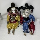 2 Porcelain Jester Doll 23” Pierrot Carnival Harlequin Clown Mardi Gras VTG