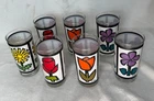 Vintage Anchor Hocking "Happy Times" Floral Flower Glasses Set Of 7