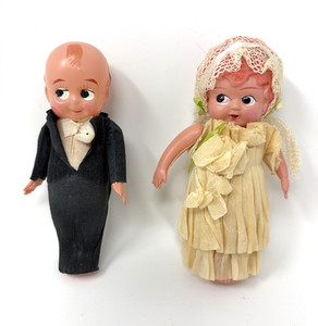 Antique Celluloid 4" Bride & Groom Cake Toppers Dolls 1940's