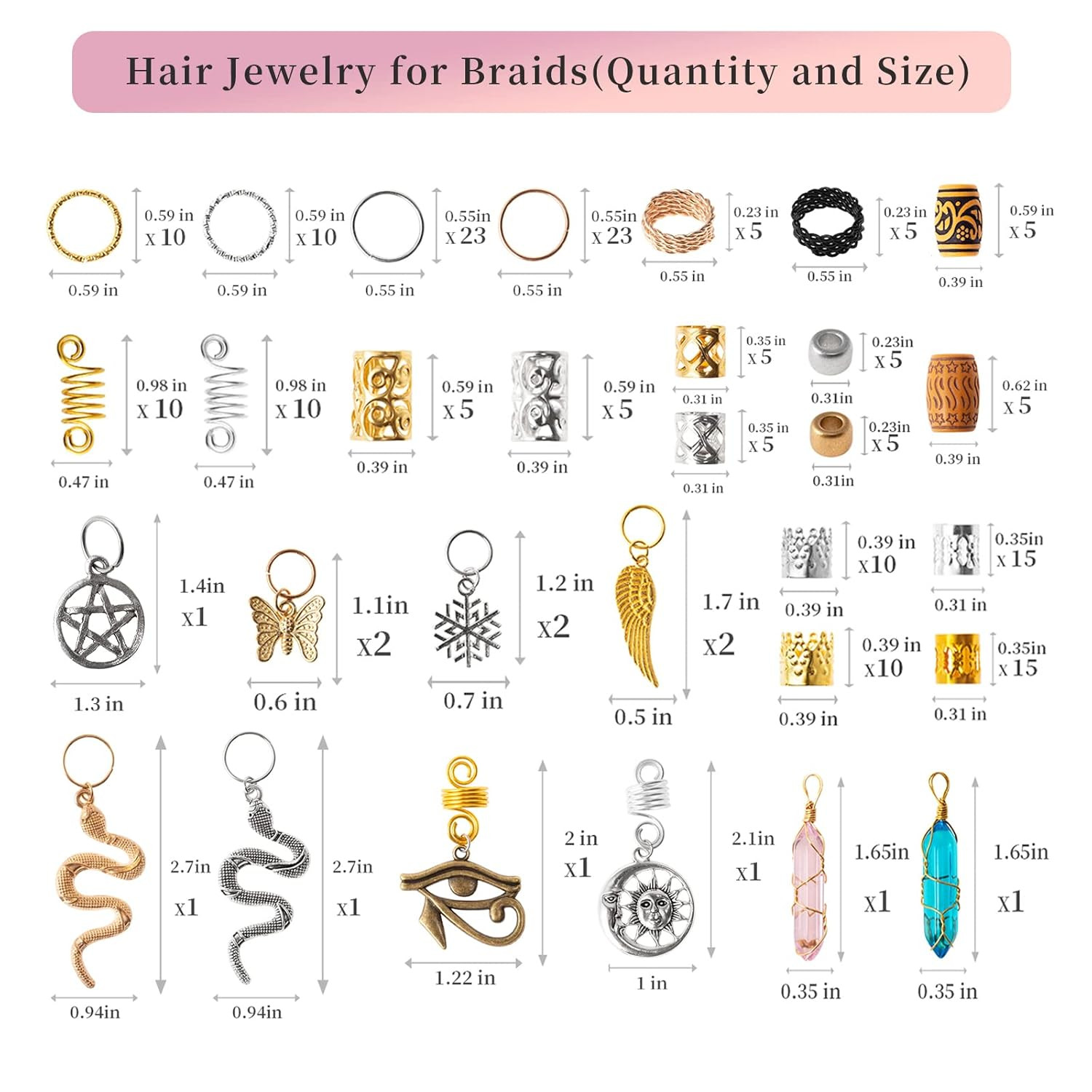 200Pcs Hair Beads Jewelry, Dreadlocks Gem Crystal Charms, Metal Coils Rings, Gol