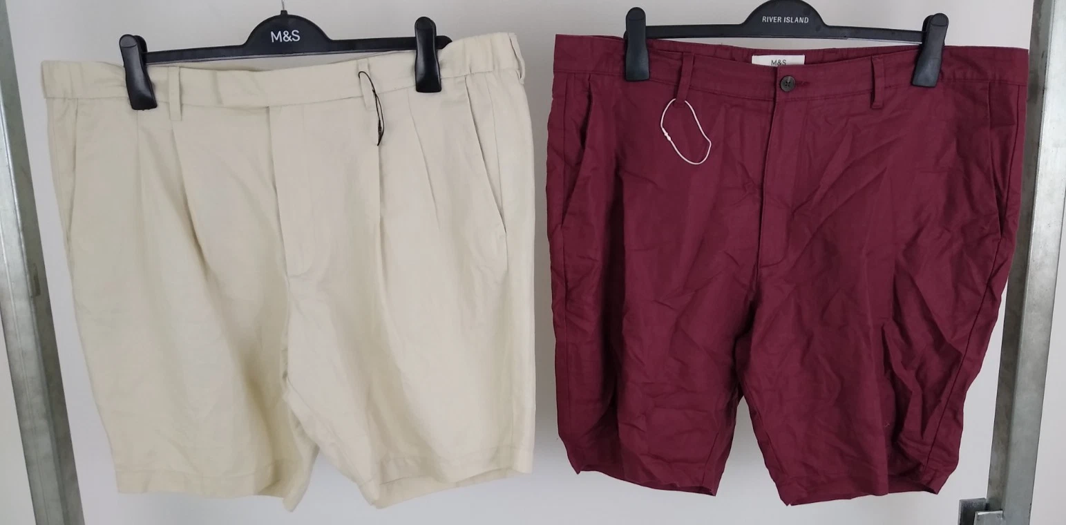 M&S Men's 2Pcs Cotton Linen Shorts Size 42" Ecru & Wine NEW
