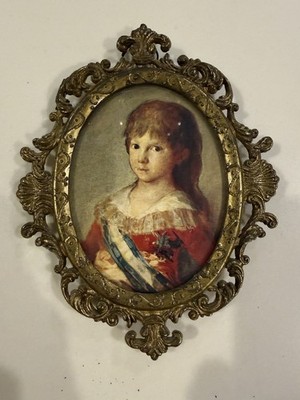 Vintage Brass Ornate Frame with Classic Print Convex Glass Wall Decor Italy