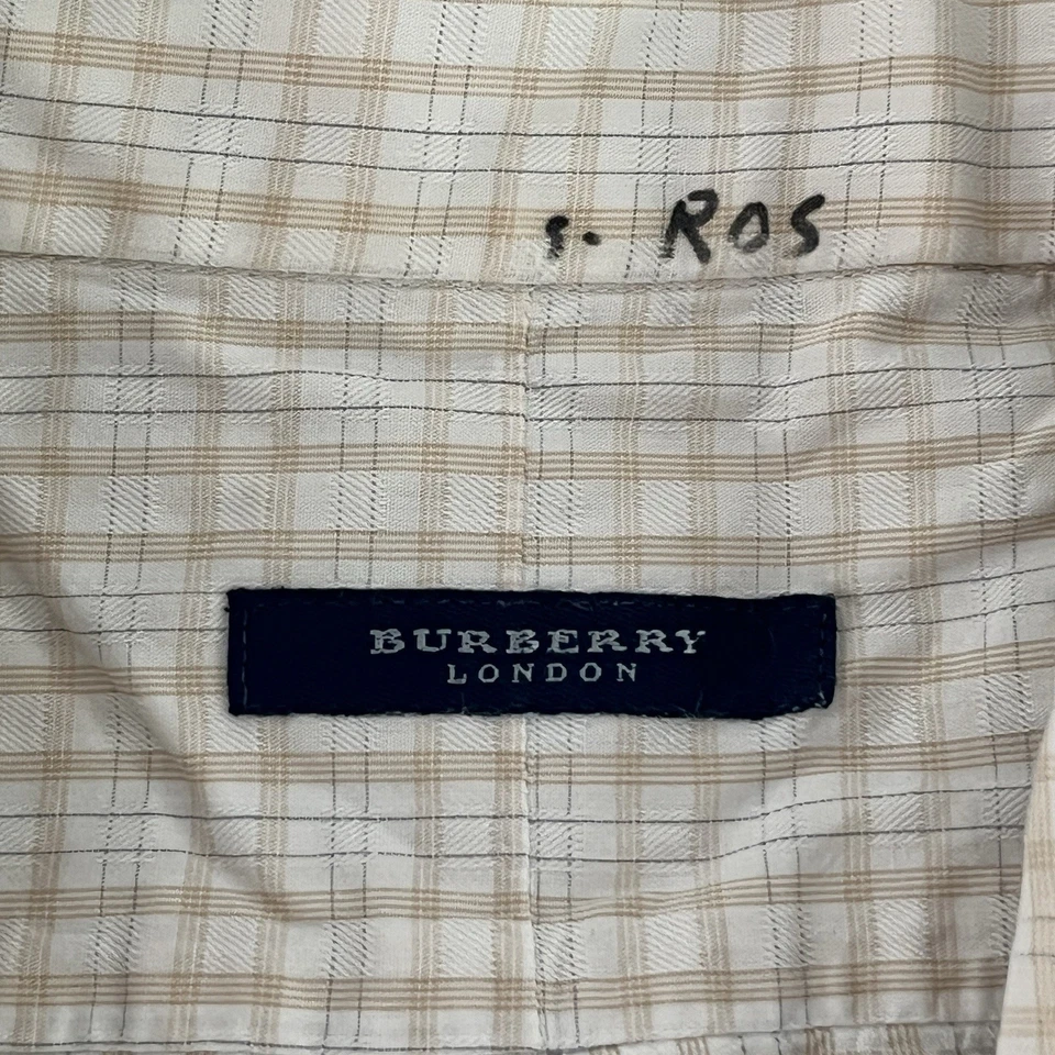 Burberry London Button Dress Shirt Mens 16.5R Tartain Plaid White Camel Beige - Image 3 of 4