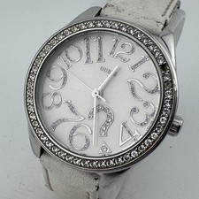 Guess Quartz Watch G75960L Women Silver Leather Rhinestone Analog New Battery