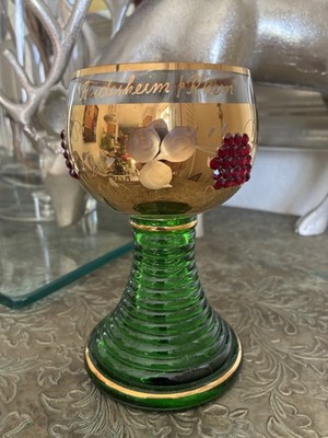 Vintage German Roemer Wine Glass Embellished Gold Trim Rüdesheim / Rhein Green