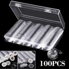 100 Pcs 30mm Clear Coin Capsule Round Plastic Holder Container Storage Box Case