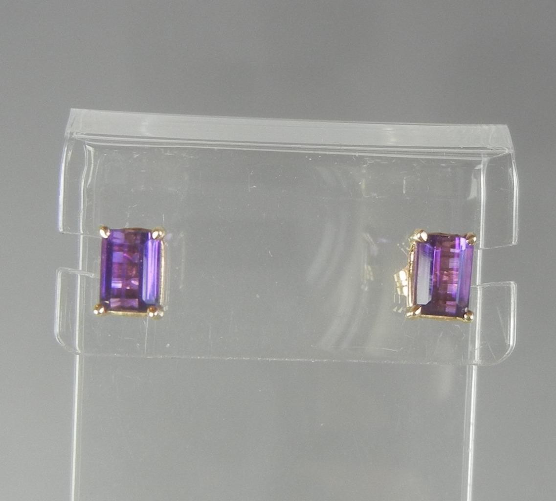 14K Solid Gold Earrings Amethyst Post Emerald-Cut… - image 5