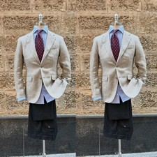Beige Linen Men's Suits Formal Business Wedding Prom Casual Summer Coats Pants