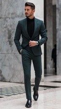 Men's Green Slim Fit Peak Lapel Blazer Party Prom Groom Tuxedo Wedding Suit