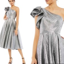 Mac Duggal Dress Silver 1 Shoulder Bow Midi Gown Ruffle Size 16 Prom Formal NWT