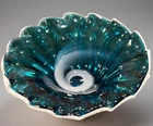 Hand blown Murano Vintage Art Blue Green White Swirl Ruffle Glass Bowl