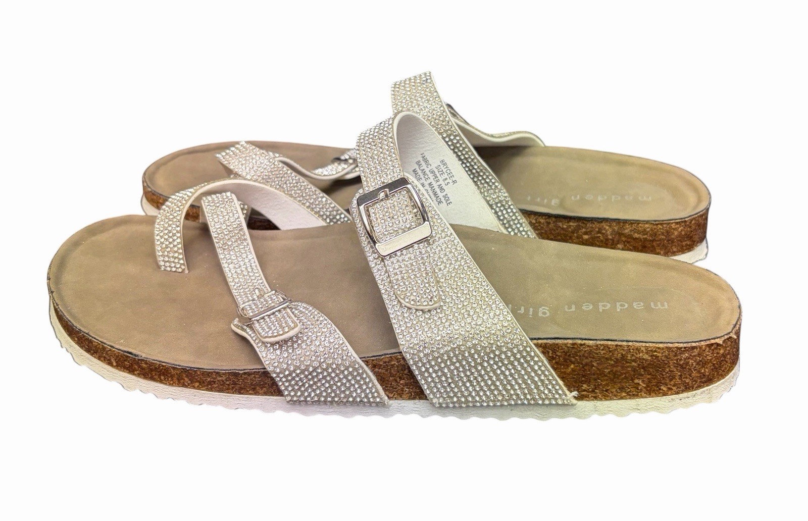 Madden Girl Sandals Brycee Silver Rhinestone Adjustable Straps Cork Women's 8.5