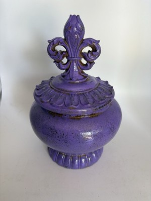 Vintage Fleur-de-Lis Purple Ceramic Ginger Jar Urn Lidded Apothecary Canister 9''