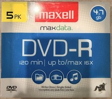 Maxell DVD-R 120 Min 8x 4.7 GB 5 Pack Blank Media with Jewel Cases new sealed 