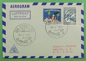 DR WHO 1957 GREENLAND CHRISTMAS SEAL TIED STROMFJORD AEROGRAMME TO USA R82193