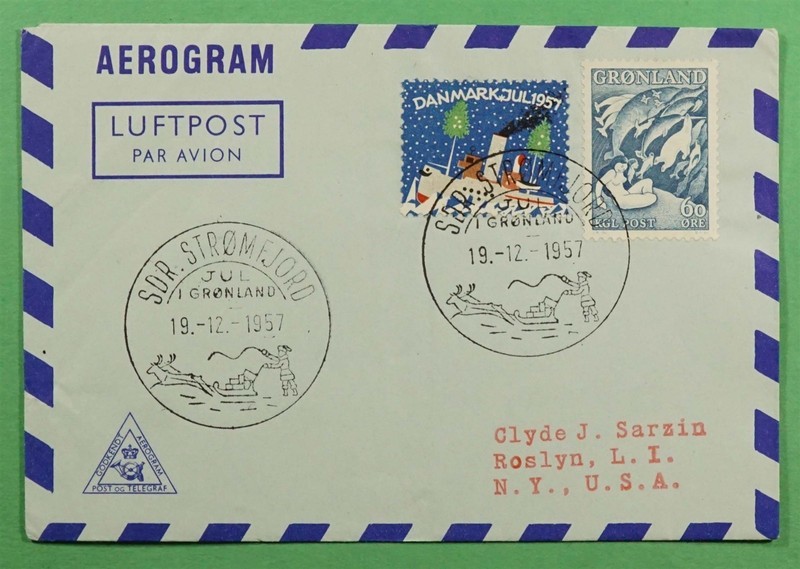 DR WHO 1957 GREENLAND CHRISTMAS SEAL TIED STROMFJORD AEROGRAMME TO USA R82193