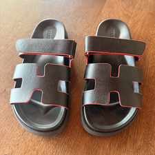 Hermes Leather Slide Sandals Black/Red Logo Trim Slip-On Straps US 8