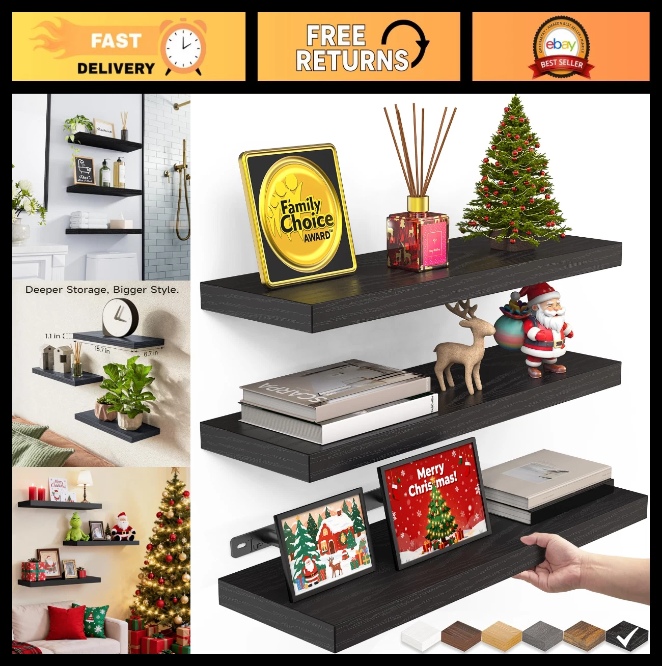Rustic Floating Wall Shelves - Set of 3, 15.7in, Black, 22lbs Capacity for Home