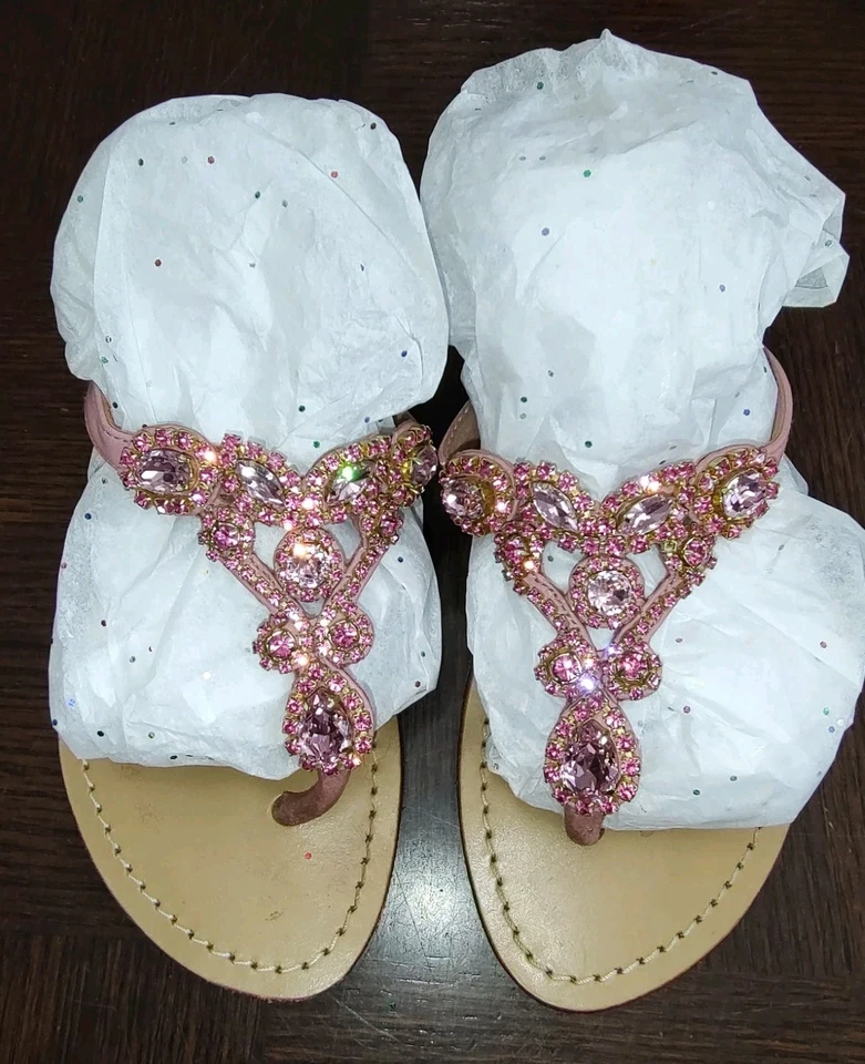 Sandalias Mystique Mujer Brillante Rosa Cristal Joya Cuero Tostado Tanga Deslizables Talla 8 Foto 3 de 4