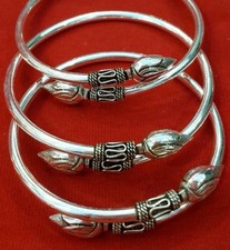 Tribal Artisan Lotus Sterling Silver 925 Bangle Cuff Jewelry Bracelet Oxidized