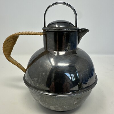 #ad Vintage MCM International Silver Co. CGWamp;S Tea Pot Hot Water Pot Wicker Handle $30.00