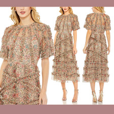 NWT $598 Mac Duggal [ 8 ] Floral Flutter Sleeve Mesh Print Dress in Beige #G1531