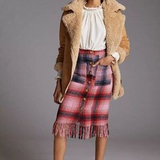 Anthropologie Maeve Pink combo plaid fringed skirt size 12