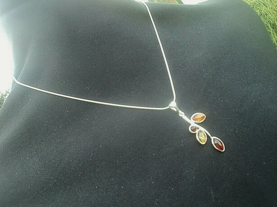 Argento Sterling E Ambra Moderno Floreale Ciondolo Collana C 2000s + Snake - Immagine 2 di 4