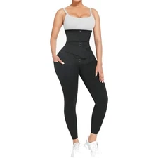 Double Belt Waist Trimmer Tummy Control Leggings w/Blue PU Coated Lining XL