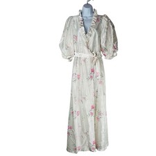 Vtg Miss Elaine Nightgown Robe Set M Peignoir Lingerie Off White Floral Ruffle