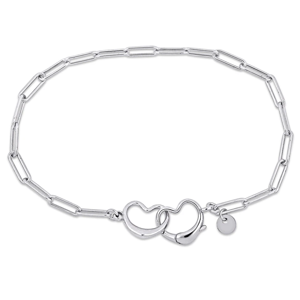 Amour Silver Paperclip Chain Link Bracelet with Double Heart Clasp - 7.5 in.