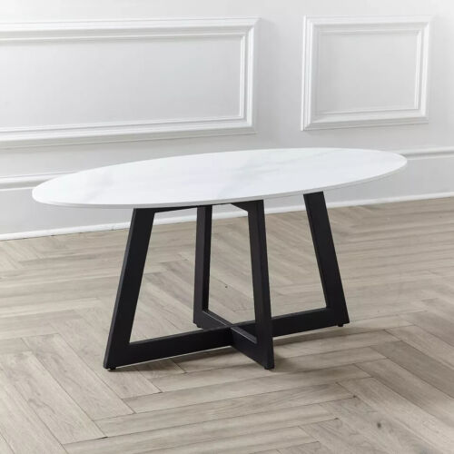 Oval White Carrara Marble 100cm Stone Coffee Table with Metal Frame Black Legs . - Picture 2 of 5