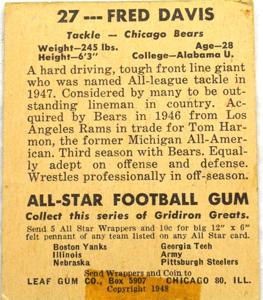 Leaf Gum Card 1948 Fred Davis #27 Football - Image 4 of 4