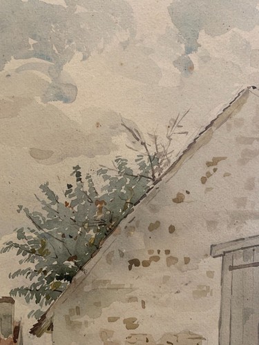 Aquarelle XIX Village Maison Campagne Nature Province Ciel Arbre Soleil France - Photo 4/10