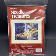 Vtg Needle Treasures PLAYFUL CHIPMUNKS Printed Crewel Embroidery Kit 00602 NEW
