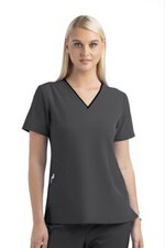 Maevn Women's Contrast Curved V-Neck Pewter Black Trim Scrub Top - M