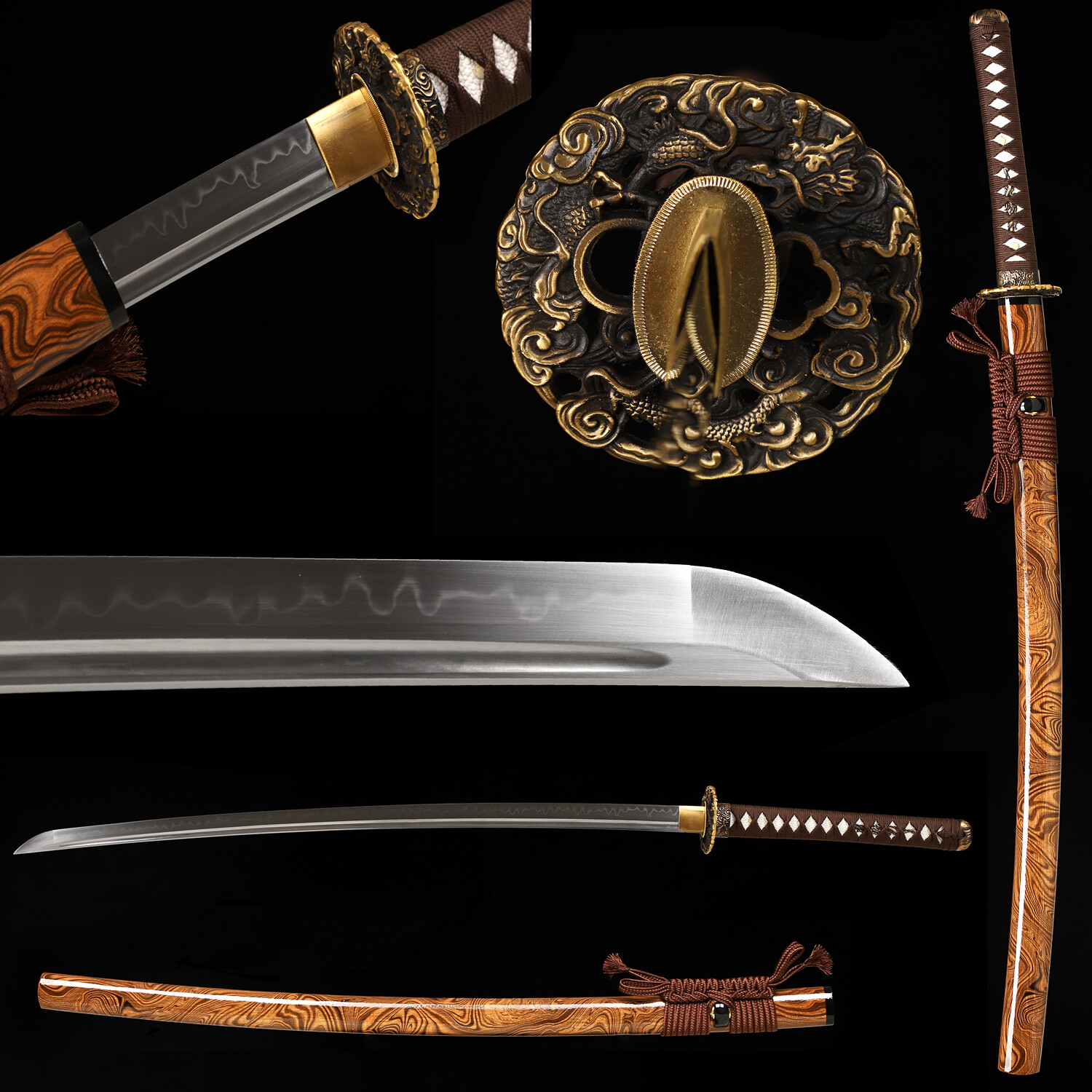 Katana Samurai Sword T10 Steel Clay Tempered Razor Sharp with Brass Tsuba and Real Hamon
