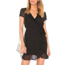 Bardot Faux Wrap Ruffle Neck Tie Waist Ruffle Bottom Mini Dress