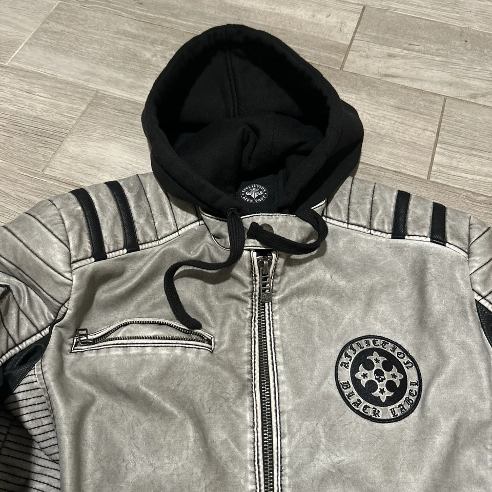 Chaqueta de cuero de motociclista gris bordada etiqueta negra AFFLICTION ¡Rara! Foto 2 de 4